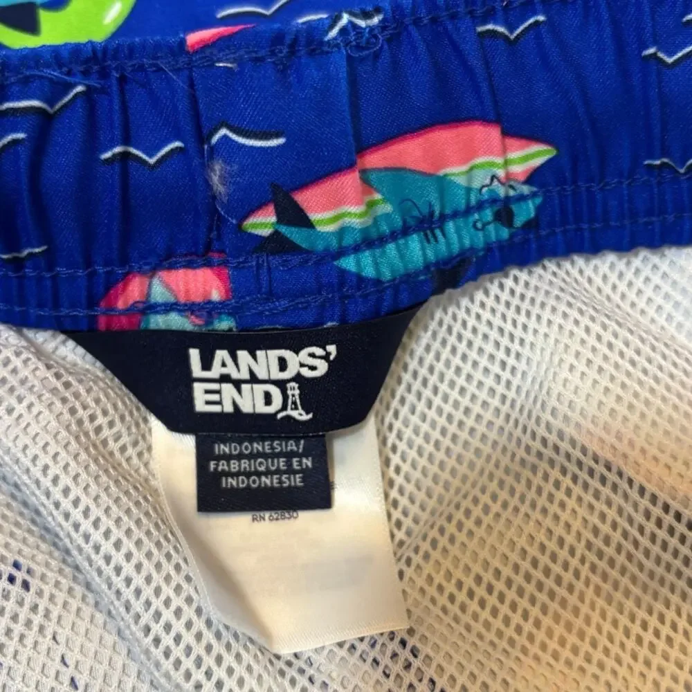 Lands End Swim Trunks Electric Blue Funny Sharks Boys XL